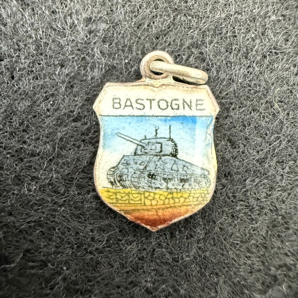 Vintage Bastogne WWII Enamel 800 Silver Charm Shield Belgium Tank Souvenir
1950s